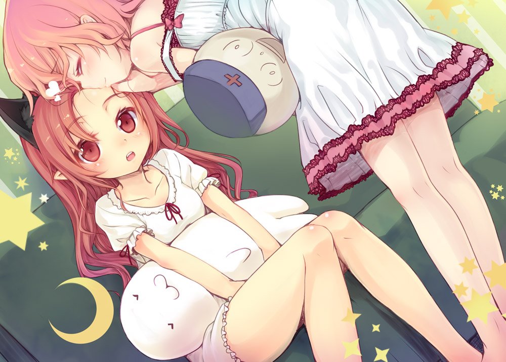 2girls alternate_costume alternate_hairstyle animal_ears aramaki_scaltinof bent_over blush cat_ears collarbone colored_eyelashes couch crescent dutch_angle extra_ears closed_eyes kissing_forehead hair_down heart kaenbyou_rin kiss kissing_forehead kneepits komeiji_satori legs long_hair looking_at_another looking_up minamura_haruki multiple_girls nightgown off_shoulder open_mouth pink_hair pointy_ears profile puffy_sleeves red_eyes red_hair short_hair short_sleeves sitting sleeveless smile stuffed_toy touhou yagokoro