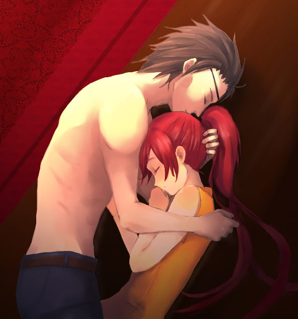 belt brown_hair carpet closed_eyes couple eyepatch fire_emblem fire_emblem:_path_of_radiance fire_emblem:_radiant_dawn haar_(fire_emblem) hug jill_(fire_emblem) long_hair nintendo on_floor pants ponytail red_hair short_hair sleeping topless_male wyvern_rider