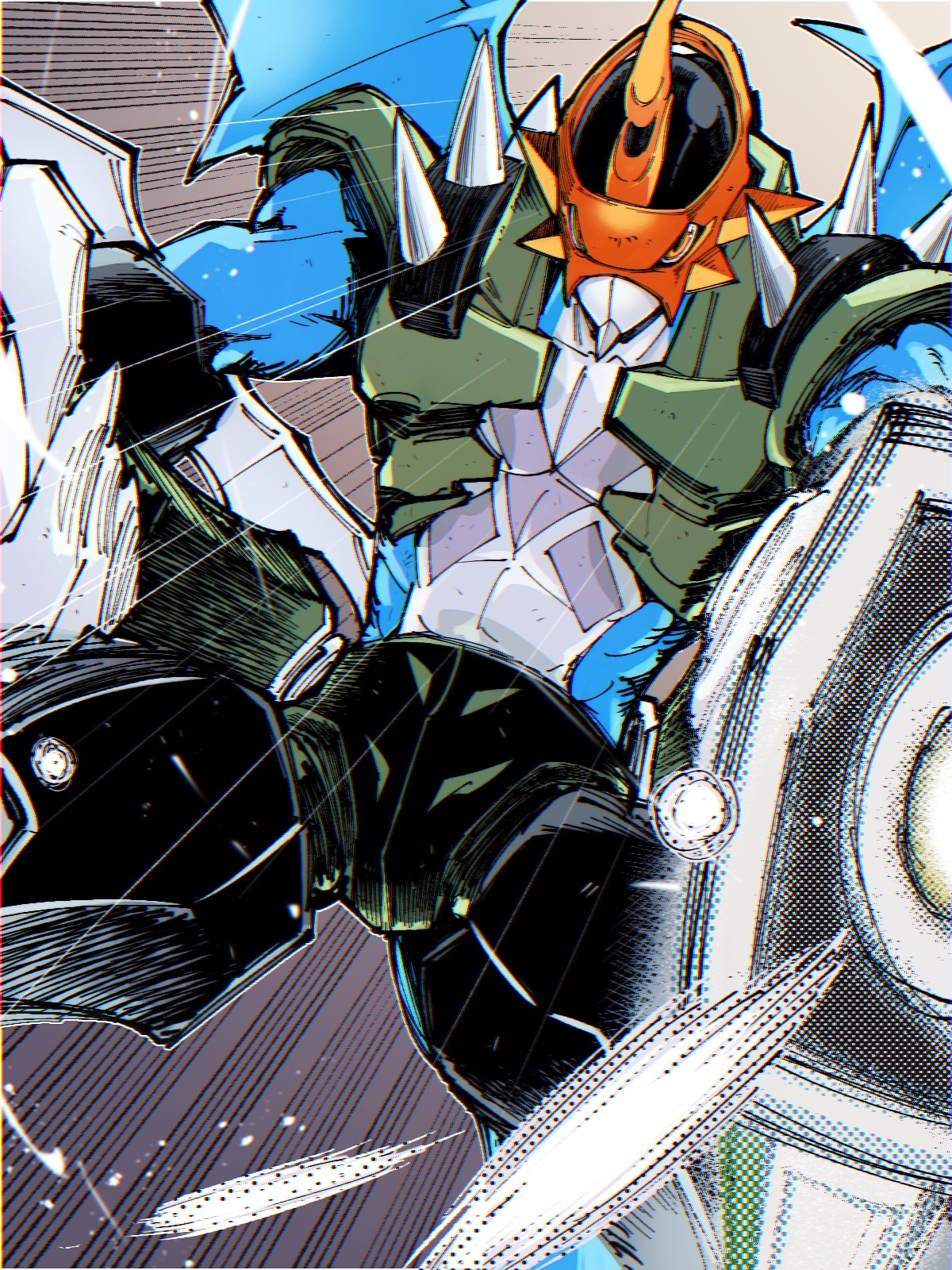 1boy blue_skin blue_wings blurry blurry_foreground colored_skin commentary_request digimon digimon_(creature) dragon gun helmet highres male_focus motion_lines paildramon red_eyes red_helmet solo speed_lines takeuchi_(a3) weapon wings