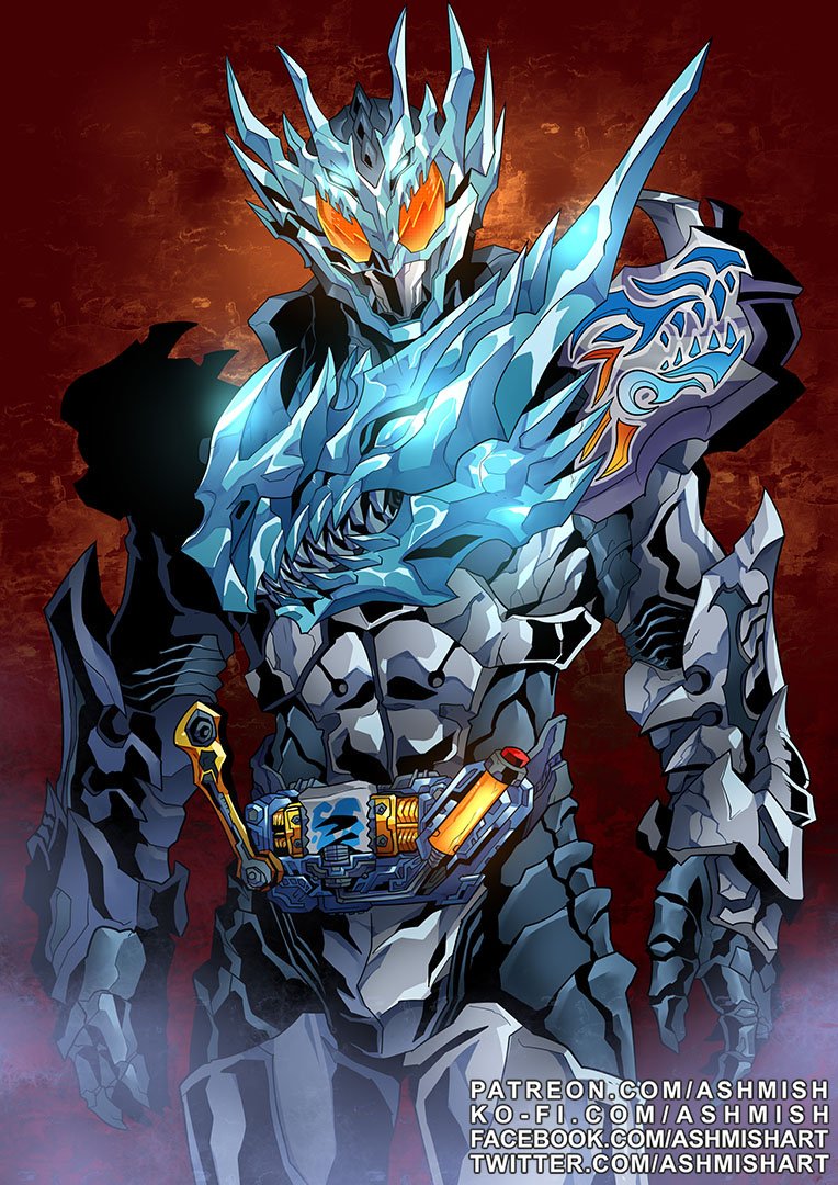 1boy abs armor ashmish asymmetrical_armor blue_eyes blue_fire commentary cross-z_charge dragon dragon_claw dragon_sclashjelly rider_belt english_commentary extra_eyes facebook_username fire glowing glowing_eyes glowing_mouth kamen_rider kamen_rider_build_(series) kamen_rider_cross-z male_focus orange_eyes patreon_username rider_belt sclash_driver sclashjelly signature solo stylistic symbol-only_commentary twitter_username watermark web_address wrench