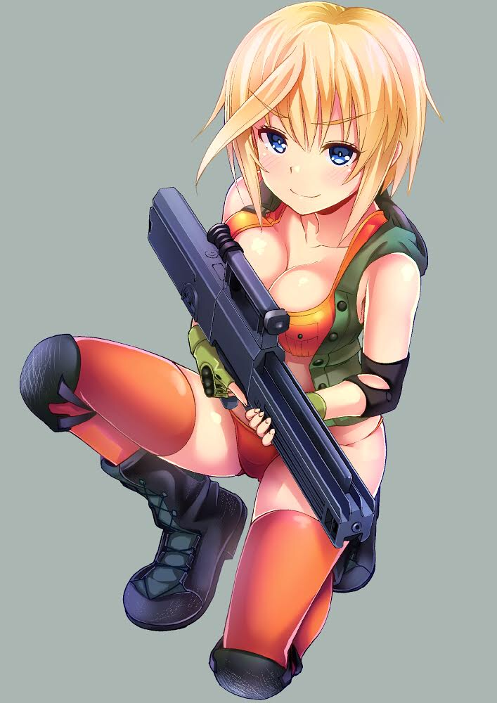 1girl advanced_combat_rifle_(military_program) advanced_individual_weapon_system_(military_program) advanced_infantry_weapon_system_(military_program) assault_rifle association_for_caseless_rifle_systems blonde_hair blue_eyes breasts bullpup carbine caseless_ammunition_rifle_system_(military_program) caseless_firearm clear_doi cleavage fingerless_gloves gesellschaft_fur_hulsenlose_gewehrsysteme gloves gun h&amp;k_acr h&amp;k_g11 h&amp;k_g11k2 heckler_&amp;_koch high-capacity_magazine horizontal_magazine knee_pads large_breasts long_gun magazine_(weapon) military_program original polygonal_rifling prototype prototype_design revealing_clothes rifle scope sight_(weapon) single-stack_magazine telescopic_sight textless_version weapon weapon_focus weird_guns_of_the_world