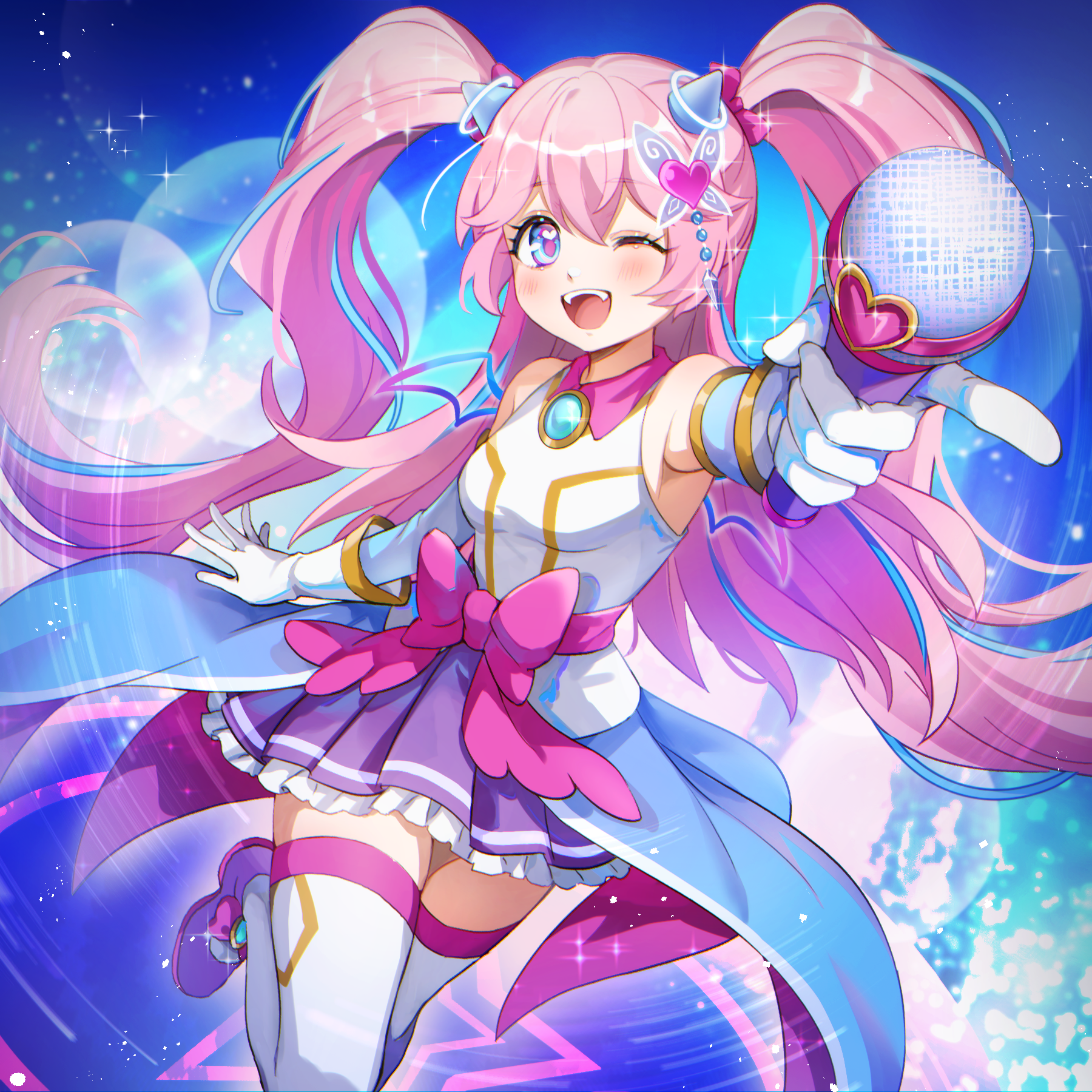 1girl ;d angelic_buster bare_shoulders blue_eyes blue_sleeves blush bow breasts brooch butterfly_hair_ornament detached_sleeves female_focus gloves hair_between_eyes hair_ornament heart heart_in_eye highres holding holding_microphone horns jewelry leafwow long_hair long_sleeves looking_at_viewer magical_girl maplestory medium_breasts microphone one_eye_closed open_mouth pink_bow pink_hair pleated_skirt purple_shoes purple_skirt shirt shoes skirt sleeveless sleeveless_shirt smile solo symbol_in_eye thighhighs twintails very_long_hair white_gloves white_shirt white_thighhighs