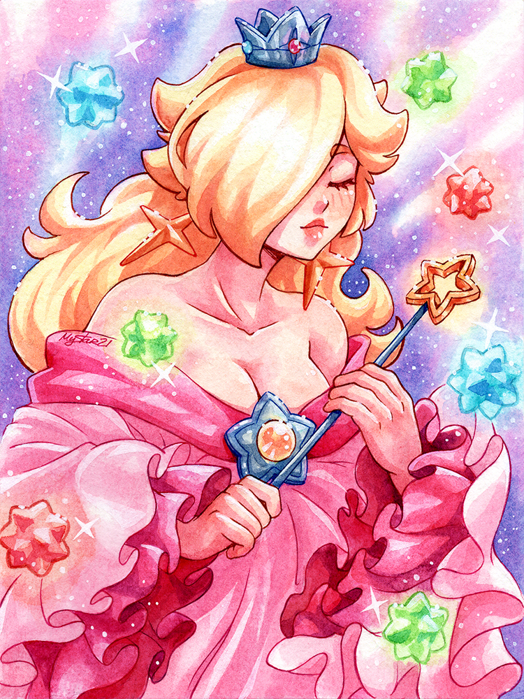 1girl alternate_color bare_shoulders blonde_hair breasts brooch cleavage crown dress earrings jewelry mario_(series) mystar21 nintendo pink_dress rosalina sky star_(sky) star_bit starry_sky super_mario_galaxy wand