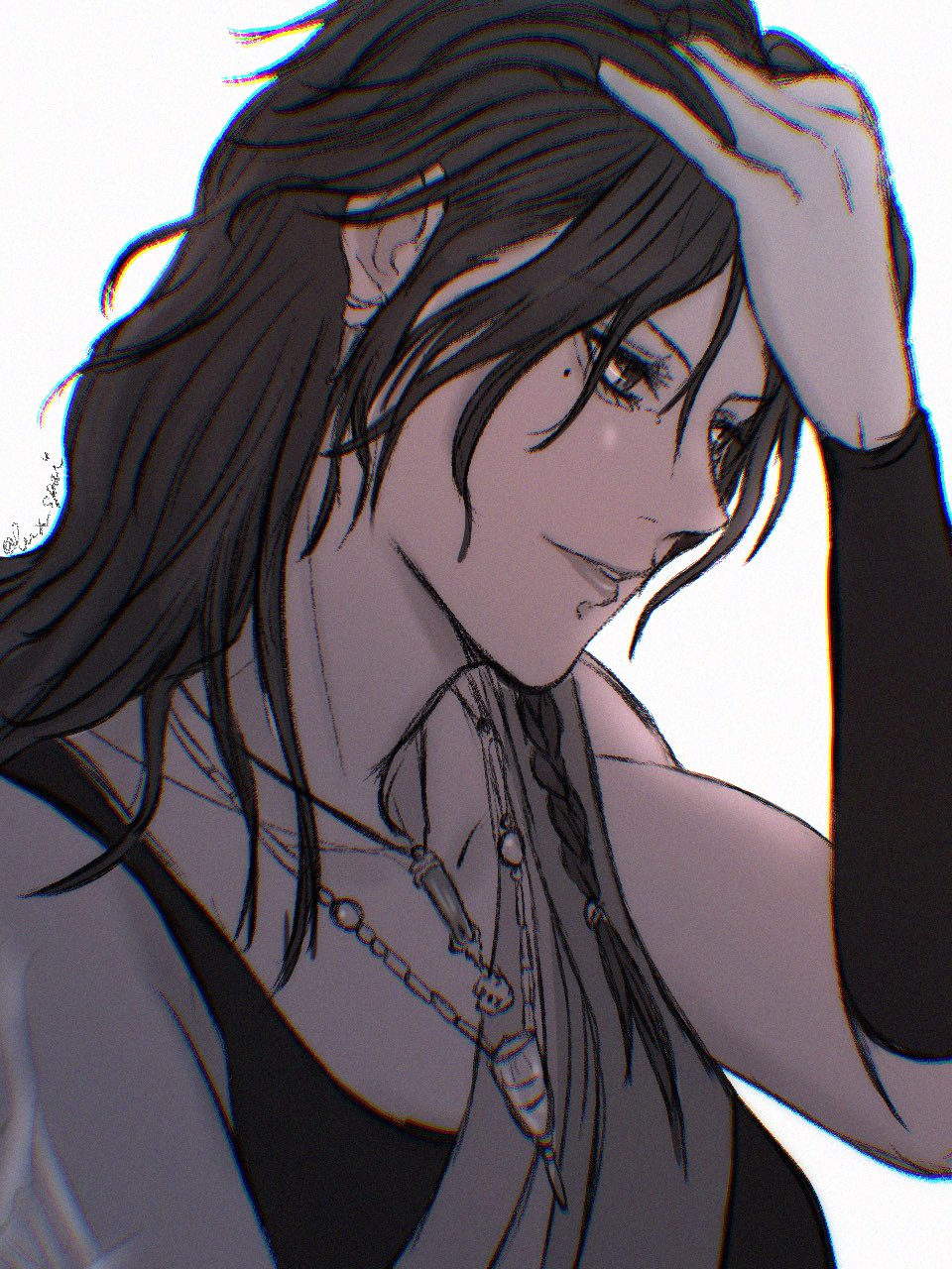 1girl black_hair black_tank_top brown_eyes commentary english_commentary eyelashes final_fantasy final_fantasy_xiii gauntlets hand_in_own_hair highres indian_clothes jewelry long_hair looking_down lux_spei mole necklace oerba_yun_fang parted_lips sari solo tank_top white_background