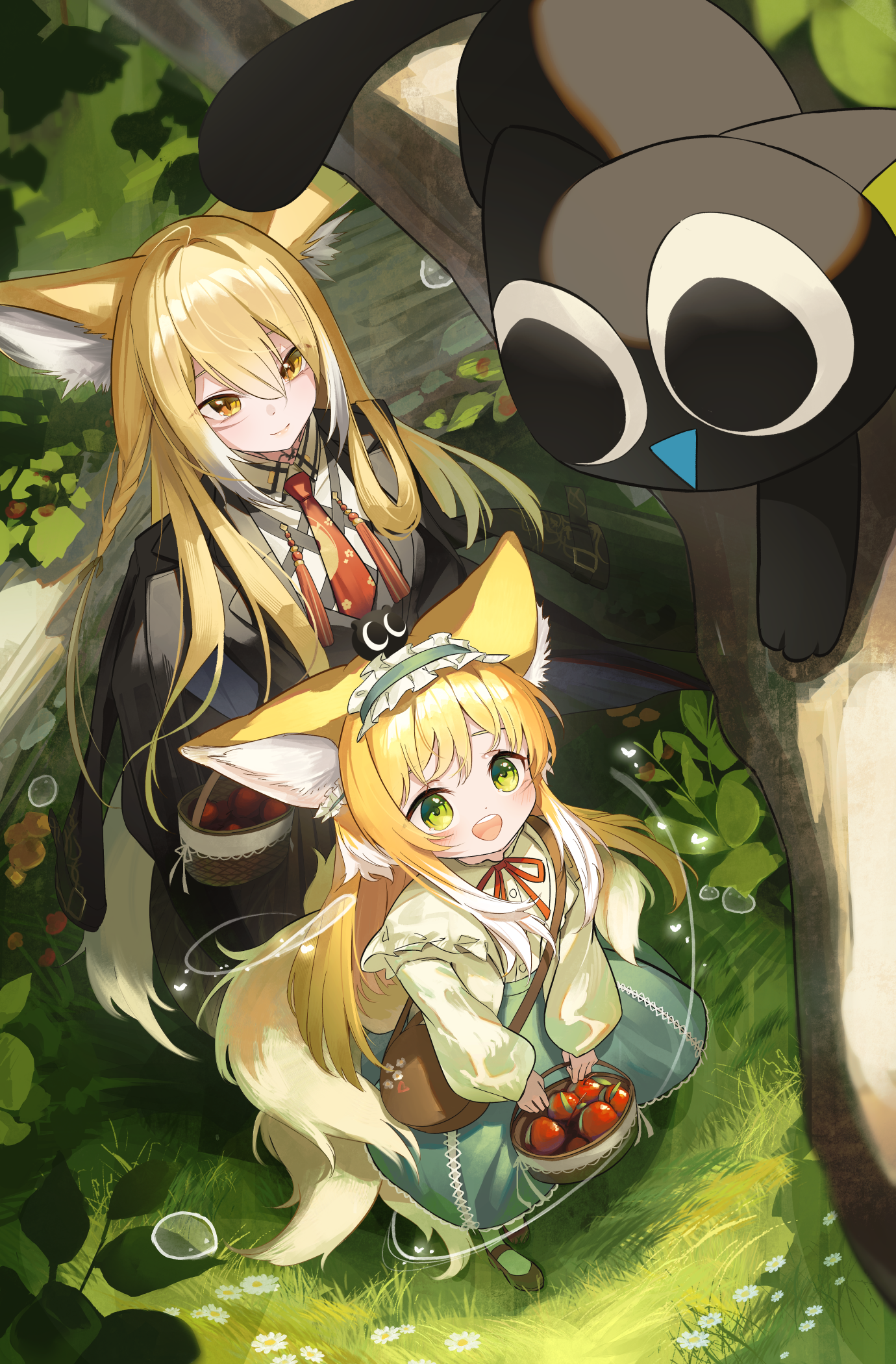 2girls animal_ears arknights black_cat blonde_hair cat closed_mouth creature_on_head crossover facial_scar fox_ears fox_girl fox_tail green_eyes heixiu highres long_hair luo_xiaohei luo_xiaohei_zhanji multiple_girls official_alternate_costume orange_eyes remirii scar scar_on_cheek scar_on_face suzuran_(arknights) suzuran_(spring_praise)_(arknights) tail vulpisfoglia_(arknights)