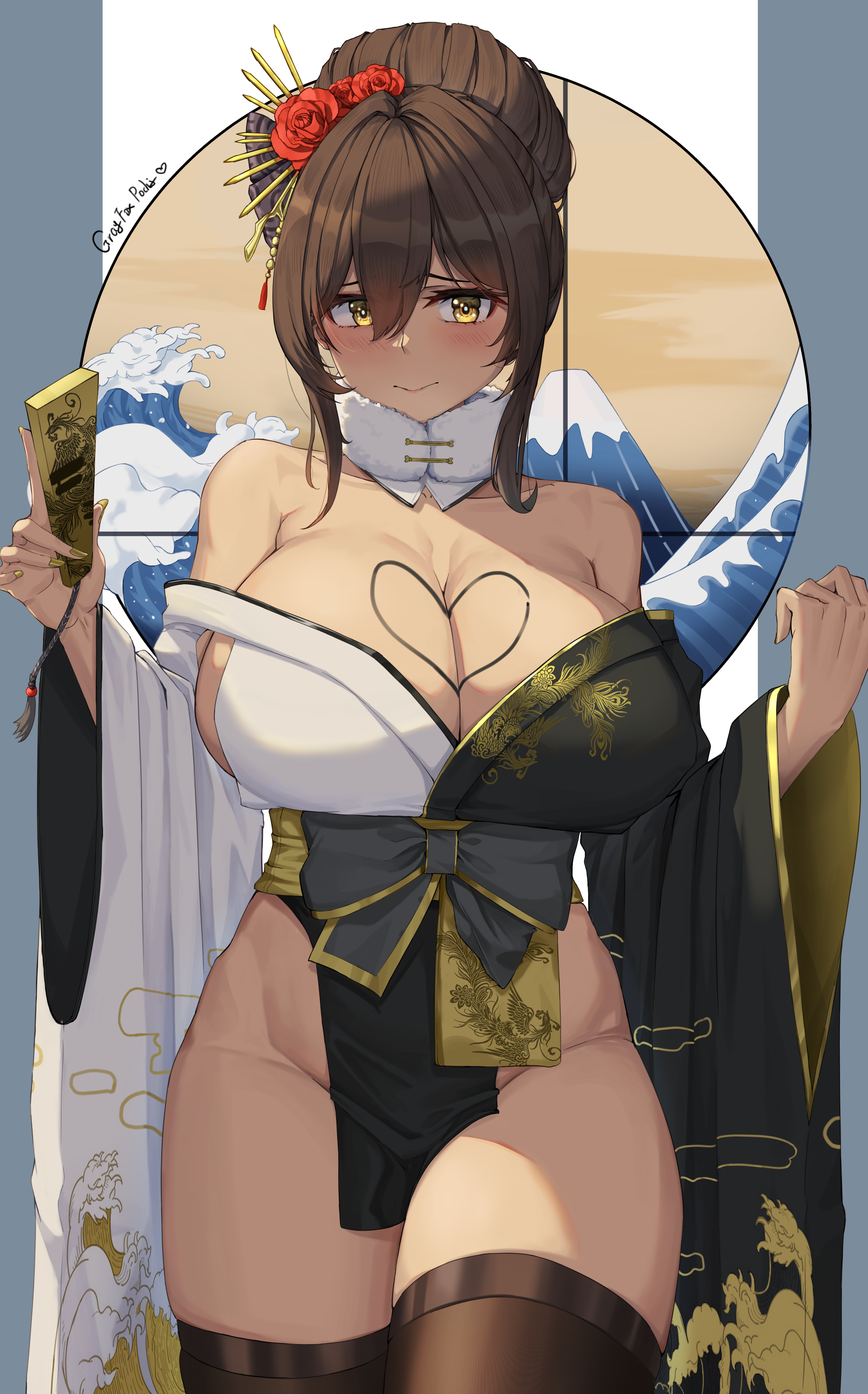 1girl absurdres bare_shoulders black_bow black_kimono black_thighhighs blonde_hair blush bow breasts brown_hair cleavage closed_mouth dark-skinned_female dark_skin flower folded_fan folding_fan fur_collar goddess_of_victory:_nikke grayfoxpochi hair_between_eyes hair_flower hair_ornament hand_fan heart highres holding holding_fan huge_breasts japanese_clothes kimono looking_at_viewer no_panties noir_(nikke) off_shoulder pelvic_curtain print_kimono red_flower red_rose rose solo standing thighhighs thighs two-tone_kimono wave_print white_kimono wide_sleeves