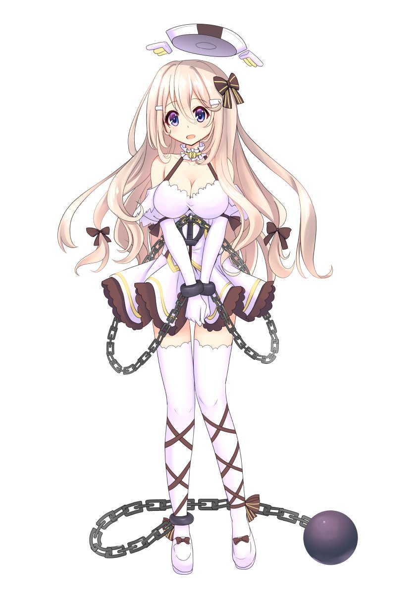 1girl ayase_aria azur_lane blonde_hair blue_eyes blush breasts commentary_request detached_sleeves fortune_(azur_lane) fortune_(retrofit)_(azur_lane) gloves hair_between_eyes hair_ornament highres large_breasts long_hair open_mouth retrofit_(azur_lane) shirt solo thighhighs very_long_hair