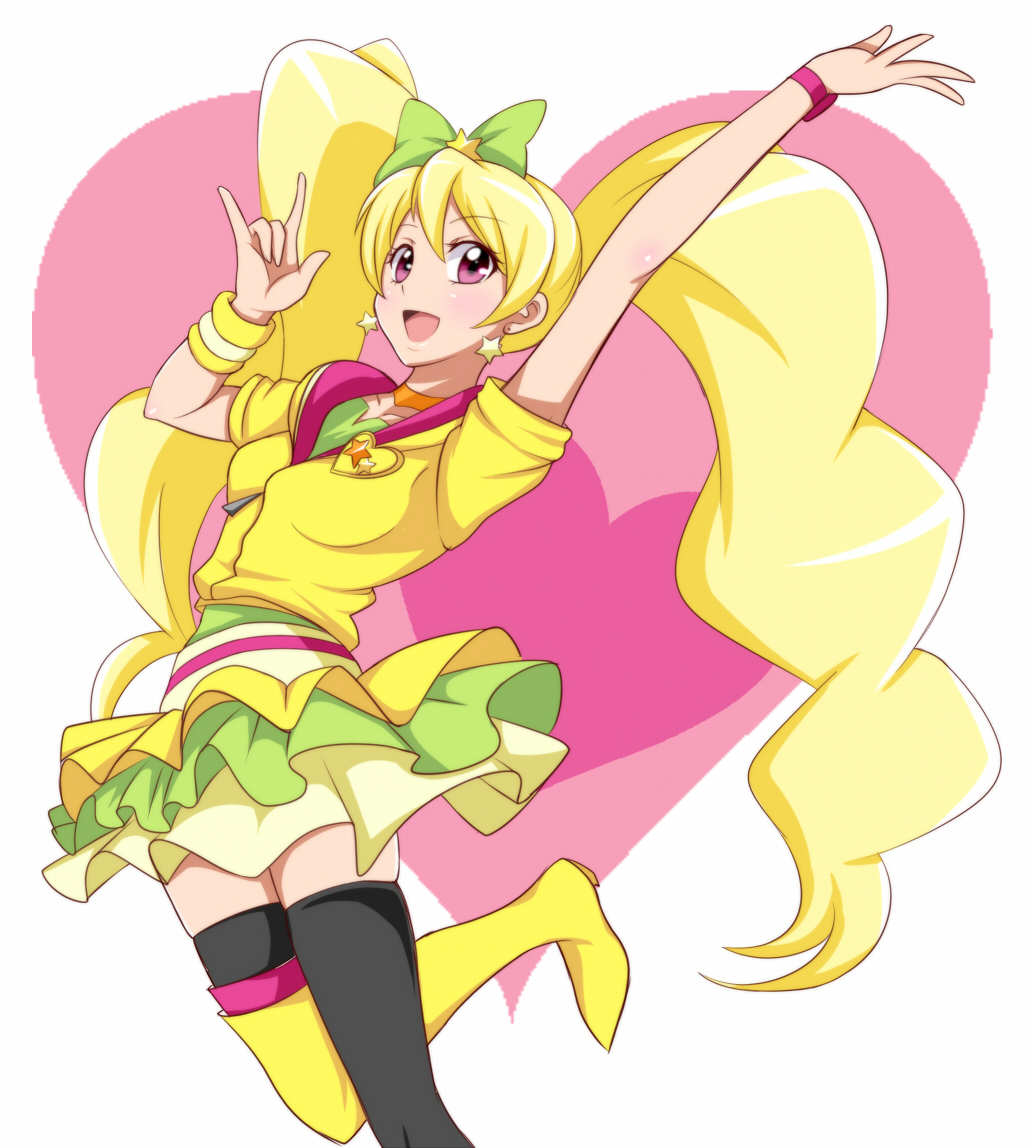 1girl :d arm_up asymmetrical_legwear blonde_hair boots brooch choker color_connection cosplay crossover cure_lovely cure_lovely_(cosplay) cure_lovely_(lollipop_hip_hop) cure_peach earrings eyelashes female_focus fresh_precure! hair_ornament hair_ribbon happinesscharge_precure! happy heart heart_background heart_brooch jabara_tornado jewelry jumping long_hair looking_at_viewer m/ magical_girl momozono_love open_mouth pink_eyes precure ribbon shirt skindentation skirt smile solo star_(symbol) star_earrings sweatband thigh_boots thighhighs thighs trait_connection twintails uneven_legwear white_background wrist_cuffs zettai_ryouiki