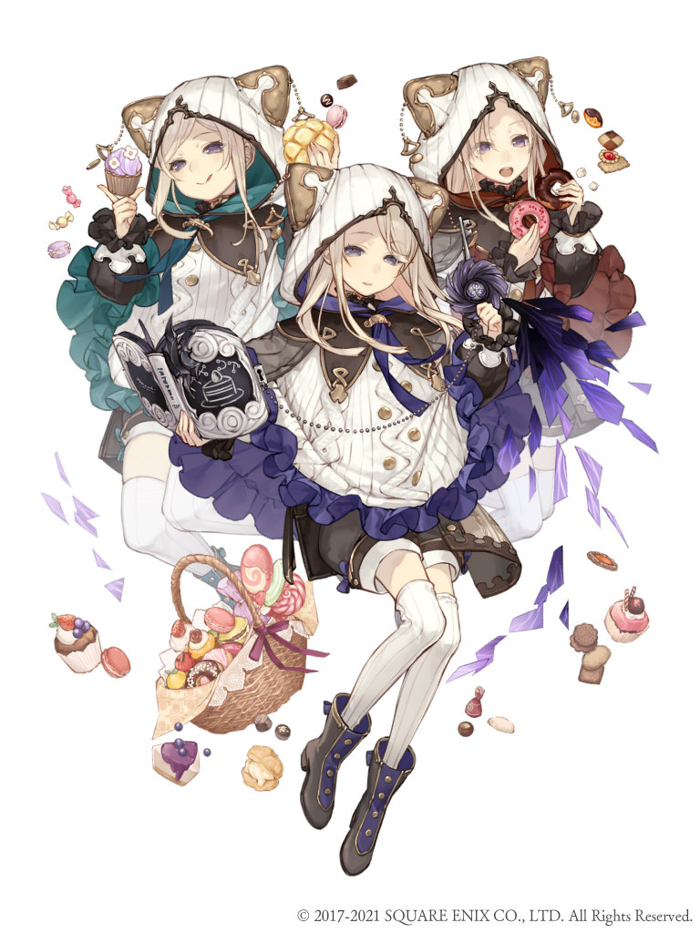 3girls :d basket blonde_hair book cake candy cracker cupcake donut food frills full_body hood hood_up ji_no licking_lips long_hair looking_at_viewer macaron multiple_girls official_art open_mouth poncho purple_eyes shorts sinoalice smile square_enix teeth thighhighs three_little_pigs_(sinoalice) tongue tongue_out upper_teeth_only white_background wrapped_candy