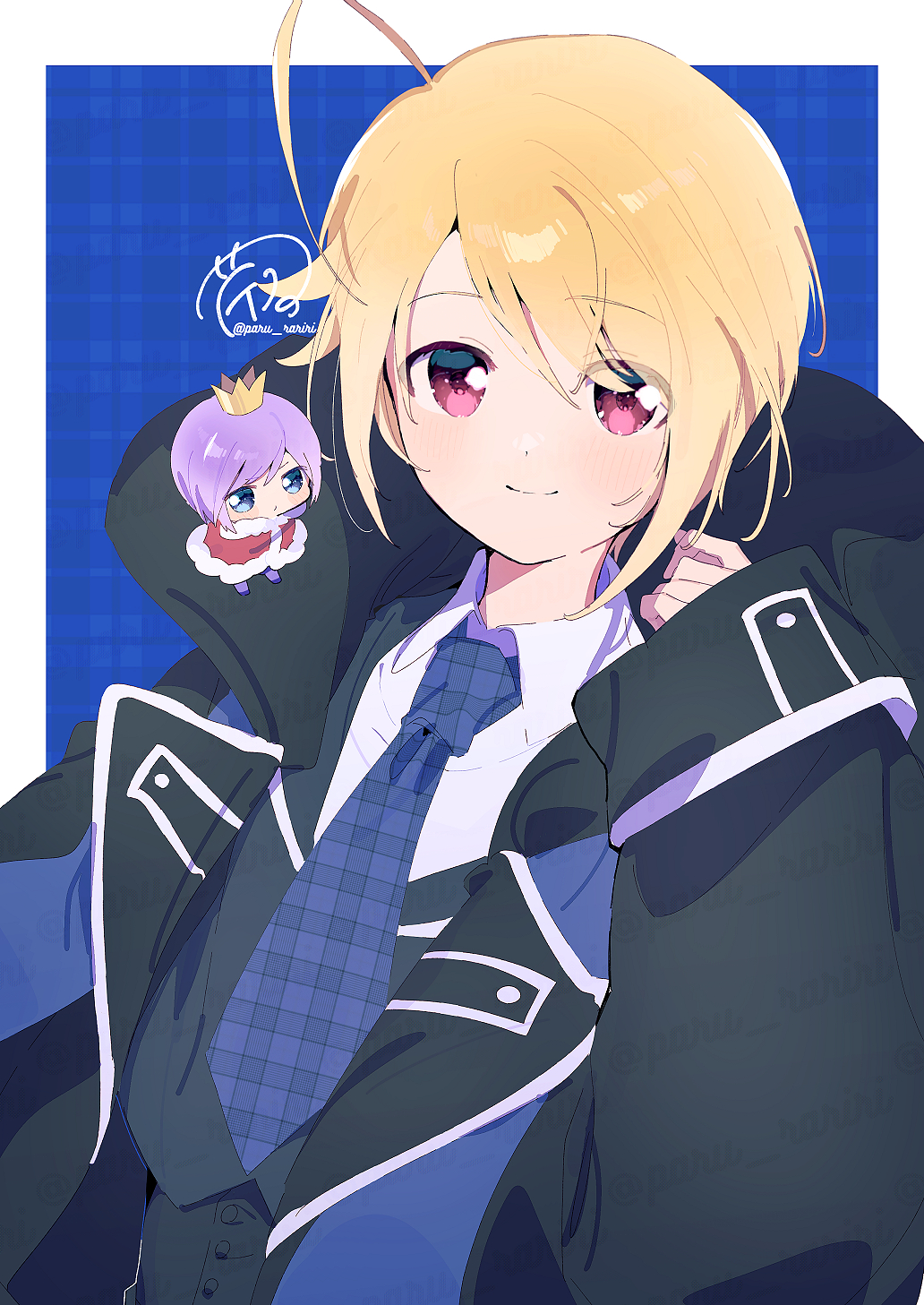 2boys ahoge black_coat black_vest blazer blonde_hair blue_background blue_eyes blue_jacket blue_necktie border cape chibi closed_mouth coat collared_coat collared_shirt commentary crown dot_nose eyes_visible_through_hair floating fur-trimmed_cape fur_trim gold_crown hand_up happy high_collar highres hotori_tadase jacket kiseki_(shugo_chara!) lapels light_blush long_sleeves looking_at_viewer male_focus mini_crown multiple_boys necktie notched_lapels outside_border paru_rari pink_eyes plaid_background plaid_clothes plaid_necktie purple_hair purple_shoes red_cape school_uniform seiyo_academy_school_uniform shirt shoes short_hair shugo_chara! signature sleeve_cuffs sleeves_past_wrists smile swept_bangs symbol-only_commentary twitter_username unmoving_pattern upper_body vest white_border white_shirt