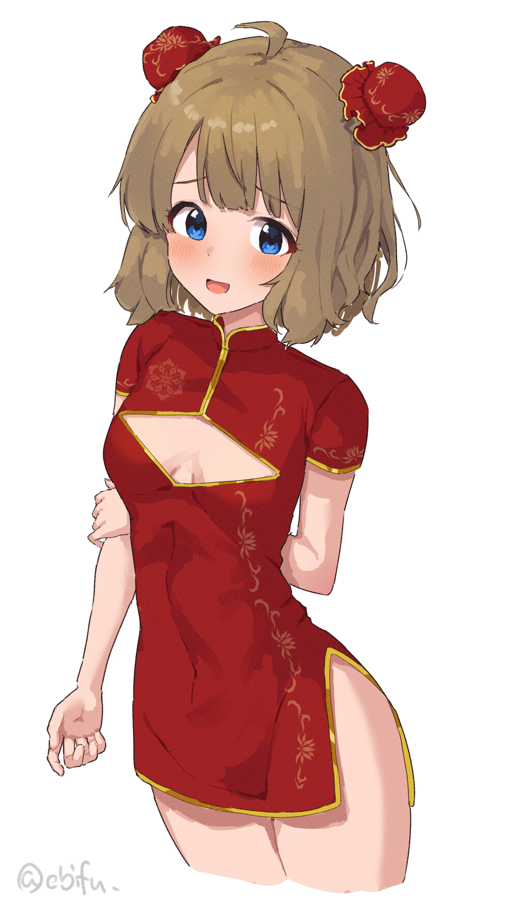 1girl ahoge arm_behind_back blue_eyes blush breasts brown_hair bun_cover china_dress chinese_clothes cleavage_cutout clothing_cutout covered_navel cowboy_shot cropped_legs double_bun dress ebifu hair_bun hand_on_own_arm highres idolmaster idolmaster_million_live! long_hair open_mouth red_dress short_hair short_sleeves simple_background small_breasts solo standing suou_momoko twitter_username white_background