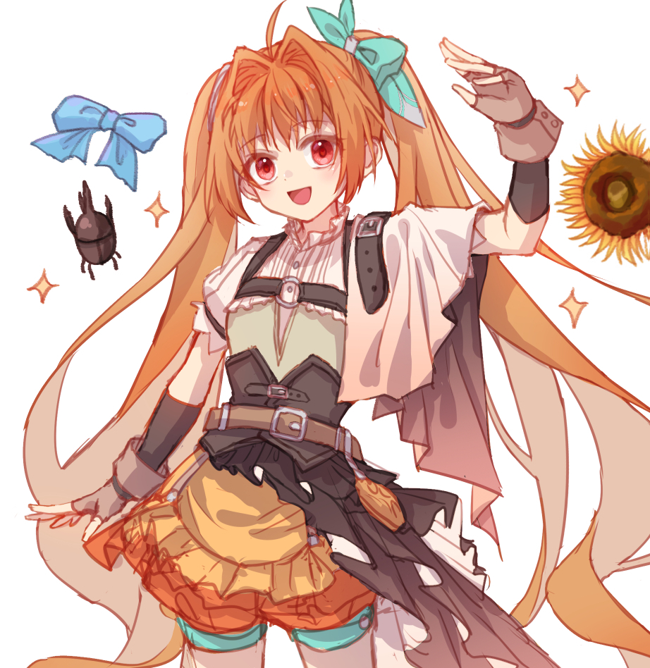 1girl :d ahoge alternate_costume arm_up beetle belt blue_bow bow bug commentary_request eiyuu_densetsu estelle_bright fingerless_gloves flower gloves grey_gloves hair_intakes insect long_hair open_mouth orange_hair red_eyes red_pupils simple_background smile solo sora_no_kiseki sparkle standing sunflower very_long_hair white_background willfin