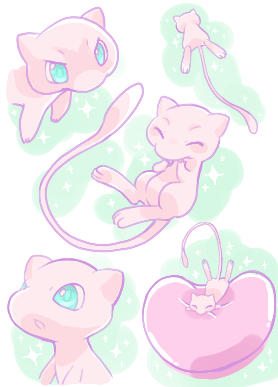 :o closed_eyes commentary_request gen_1_pokemon giggling green_eyes green_pupils legendary_pokemon looking_up mew_(pokemon) multiple_views mythical_pokemon nintendo no_humans pokemon pokemon_(creature) s_(happycolor_329) sparkle