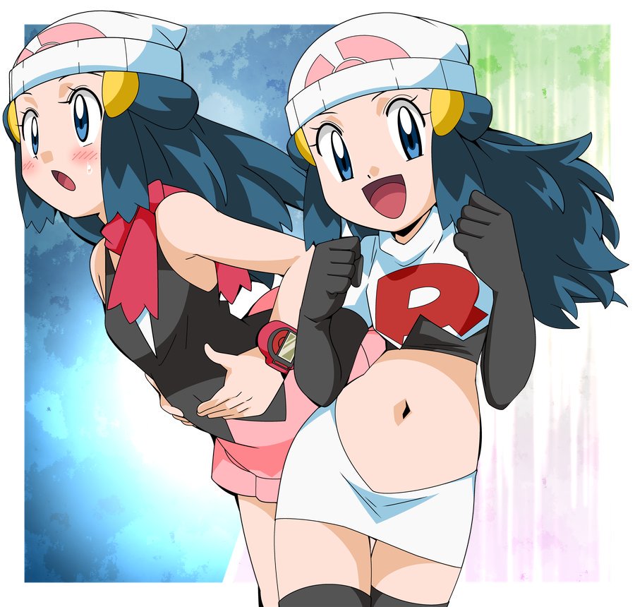 1girl blue_eyes blue_hair blush boots breasts cosplay curvy dawn_(pokemon) female_focus hainchu looking_at_viewer matching_hair/eyes multiple_views nintendo pokemon pokemon_(anime) pokemon_dppt_(anime) small_breasts sweat team_rocket_grunt_(cosplay)