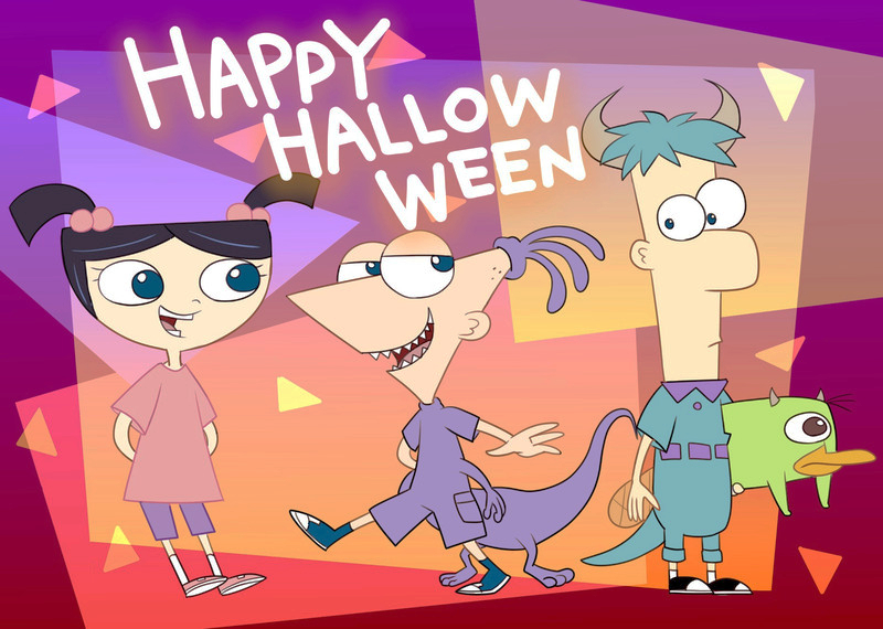 1girl 2boys black_hair boo_(monsters_inc.) boo_(monsters_inc.)_(cosplay) child cosplay ferb_fletcher halloween happy_halloween horns ikuchi_osutega isabella_garcia-shapiro james_p._sullivan james_p._sullivan_(cosplay) mike_wazowski mike_wazowski_(cosplay) monsters_inc. multiple_boys perry_the_platypus phineas_and_ferb phineas_flynn platypus randall_boggs toon_(style)