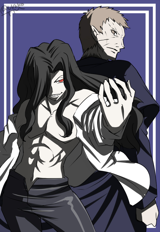 2boys abs bare_shoulders black_coat black_hair black_pants coat collared_shirt floating_clothes floating_hair grey_eyes grey_hair hair_over_one_eye long_coat long_hair male_focus michael_roa_valdamjong multiple_boys muscular muscular_male nrvnqsr_chaos open_clothes open_fly open_shirt pants pectorals red_eyes sharp_teeth shirt simple_background sleeve_cuffs smug tall_male teeth tsukihime type-moon urako vampire