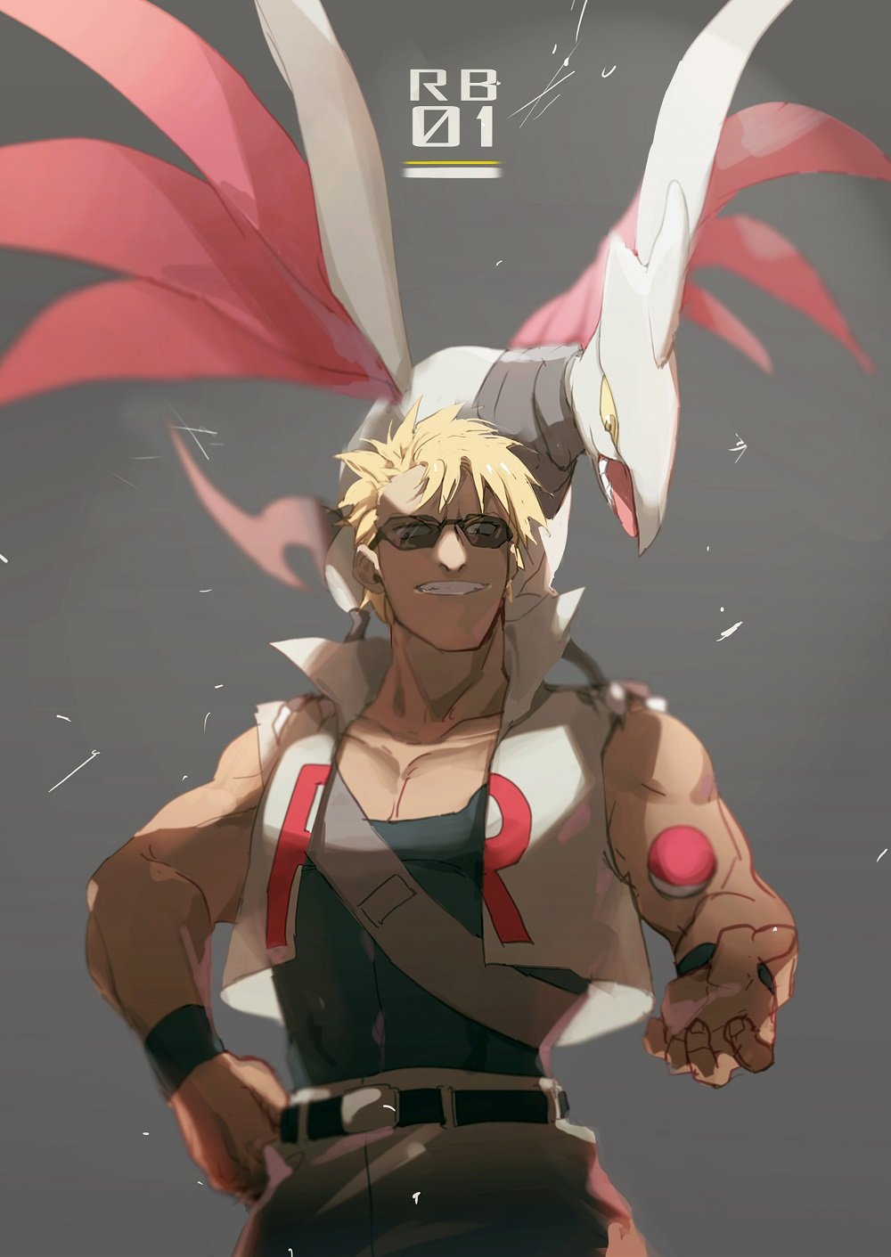 1boy attila_(pokemon) bad_id bad_twitter_id belt black_belt black_shirt blonde_hair blurry clenched_teeth commentary_request gen_2_pokemon grey_background grey_pants hand_on_own_hip highres male_focus muscular muscular_male nintendo no-kan open_clothes open_vest pants pectorals poke_ball poke_ball_(basic) pokemon pokemon_(anime) pokemon_(creature) shirt short_hair skarmory smile sunglasses team_rocket teeth vest