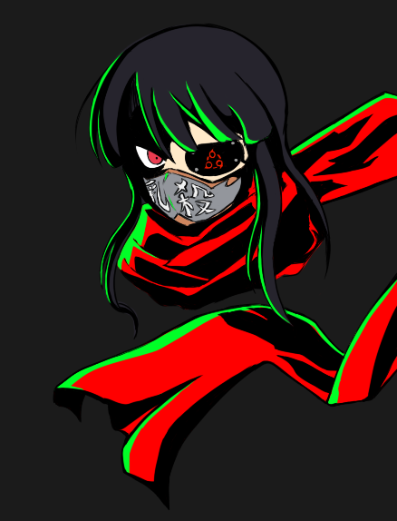 10s 1girl bad_id bad_pixiv_id black_hair cosplay eyepatch female_focus fujikido_kenji fujikido_kenji_(cosplay) long_hair mask mirai_(senran_kagura) mouth_mask ninja ninja_slayer red_eyes scarf senran_kagura solo
