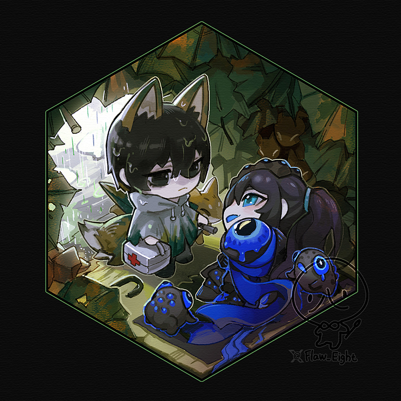 2boys animal_ears armor black_armor black_eyes black_footwear black_hair blubbering_toad_(project_moon) blue_eyes box cavernous_wailing_(e.g.o) chibi chibi_only closed_mouth commentary cube drifting_fox e.g.o_(project_moon) eye_contact first_aid_kit flaw_eight fox fox_boy fox_ears fox_tail full_body half_updo high_ponytail holding holding_box holding_umbrella hong_lu_(project_moon) hood hood_down hoodie indoors limbus_company long_hair looking_at_another lying male_focus multiple_boys on_side open_mouth ponytail project_moon rain signature smile standing sunshower_(e.g.o) symbol-only_commentary tail toad_(animal) umbrella wet white_hoodie yi_sang_(project_moon)