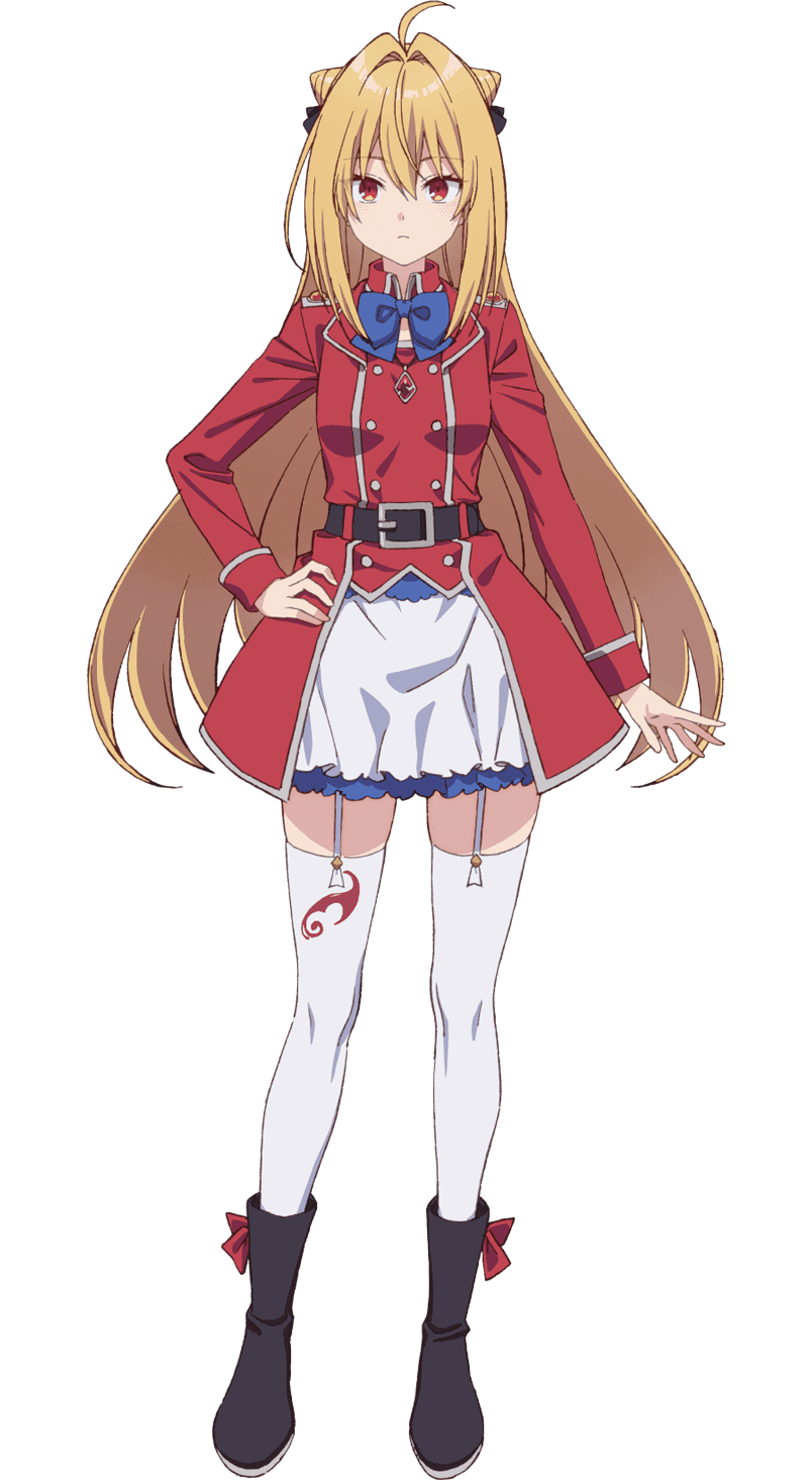 1girl ahoge belt black_belt black_boots blonde_hair blue_bow blue_bowtie boots bow bowtie closed_mouth cone_hair_bun double_bun footwear_bow full_body garter_straps hair_between_eyes hair_bun hand_on_own_hip highres hikikomari_kyuuketsuki_no_monmon long_hair looking_at_viewer official_art red_bow red_eyes simple_background solo standing terakomari_gandezblood thighhighs transparent_background white_thighhighs zettai_ryouiki