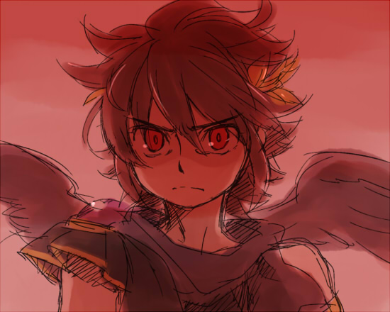 1boy ahoge angel angel_wings dark_pit kid_icarus kid_icarus_uprising laurel_crown looking_at_viewer nintendo red_eyes red_theme sketch solo upper_body wings yukigi