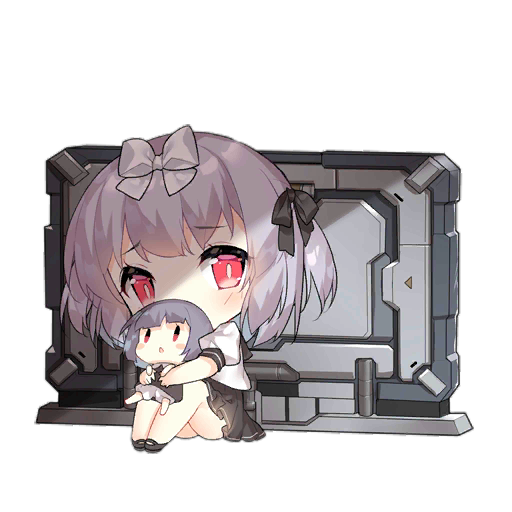 2girls :o against_wall behind_cover black_ribbon black_sailor_collar black_shoes black_skirt blush blush_stickers bow brown_dress carrying carrying_person chibi covered_mouth defense_fairy_(girls&#039;_frontline) dress fairy_(girls&#039;_frontline) full_body girls&#039;_frontline grey_hair hair_bow hair_ribbon hug looking_at_viewer looking_up multiple_girls official_art puffy_short_sleeves puffy_sleeves red_eyes ribbon sailor_collar saru scared school_uniform shadow shirt shoes short_hair short_sleeves simple_background sitting skirt slit_pupils third-party_source transparent_background wall white_bow white_shirt |_|
