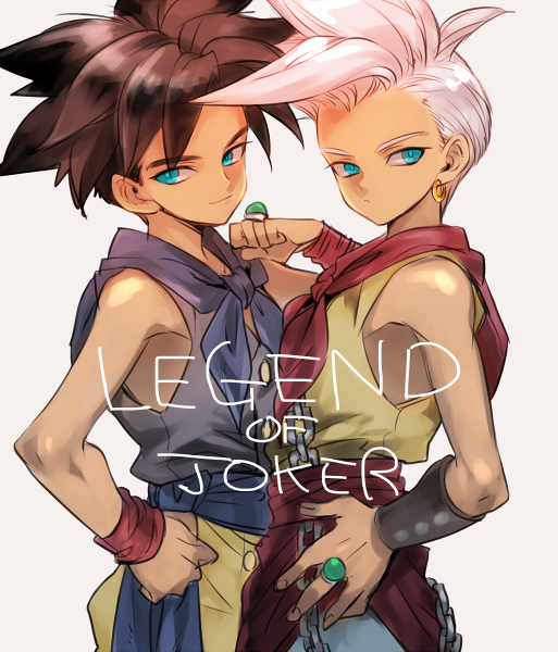 2boys aqua_eyes black_hair blue_pants blue_vest bracer chain commentary_request dragon_quest dragon_quest_monsters dragon_quest_monsters_joker dragon_quest_monsters_joker_2 earrings english_text gold_earrings hand_on_own_hip hero_(dqmj) hero_(dqmj2) hoop_earrings in-franchise_crossover jewelry katori_(katokichi) looking_to_the_side male_focus multiple_boys pants parted_hair ring short_hair spiked_hair vest white_background white_hair yellow_pants yellow_vest