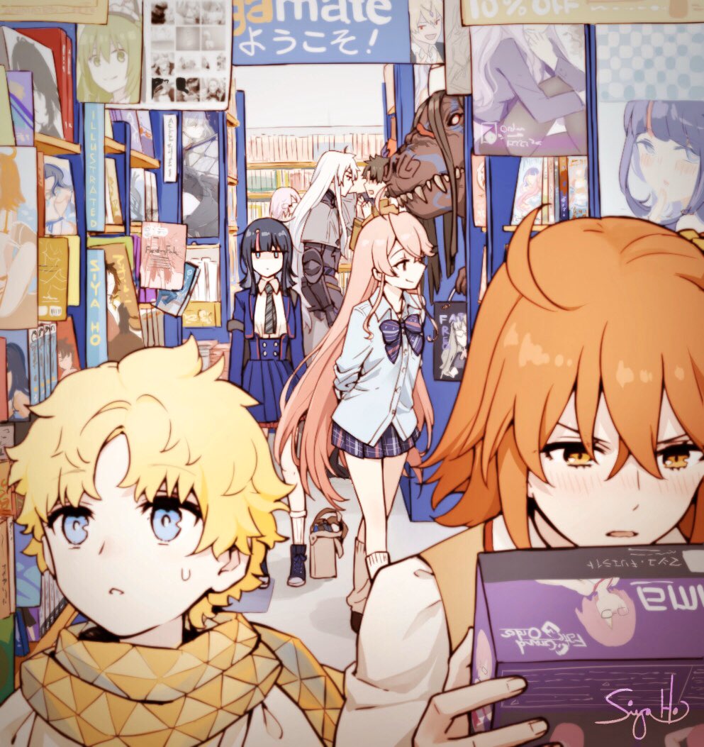 3boys 4girls ahoge bag black_hair blonde_hair blue_eyes bow box fangs fate/grand_order fate/requiem fate_(series) figma fujimaru_ritsuka_(female) fujimaru_ritsuka_(male) galahad_alter glasses homurabara_academy_school_uniform kabedon karin_(fate) kijo_kouyou_(fate) kijo_kouyou_(first_ascension)_(fate) long_hair magazine_(object) mash_kyrielight multiple_boys multiple_girls necktie orange_eyes orange_hair pink_hair purple_hair scarf school_uniform shop shopping_bag sign signature siya_ho skirt smile utsumi_erice utsumi_erice_(mission_start) voyager_(fate) white_hair