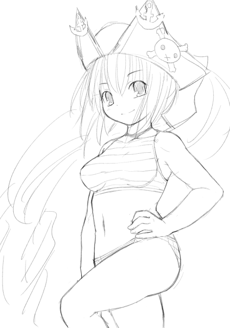 1girl bikini breasts character_request female_focus greyscale hand_on_own_hip hat kasuga_yukihito long_hair monochrome navel sketch small_breasts solo swimsuit tankini