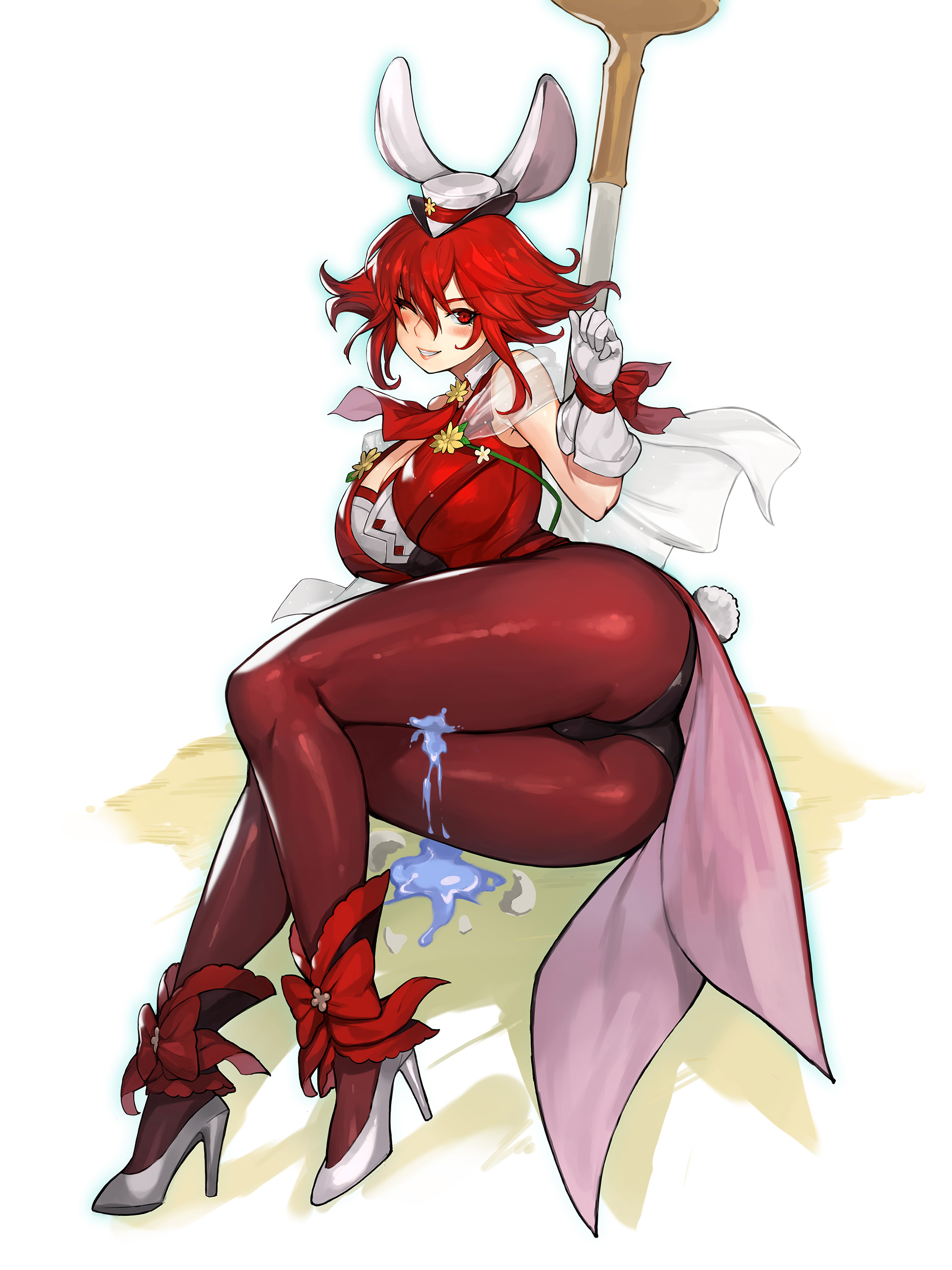 1girl absurdres animal_ears ankle_bow ankle_cuffs ankle_ribbon black_shorts bow breasts capelet cleavage commission fake_animal_ears fire_emblem fire_emblem:_mystery_of_the_emblem flower full_body gloves gurimjang hat high_heels highres large_breasts leg_ribbon legs_together lying minerva_(fire_emblem) minerva_(spring)_(fire_emblem) mini_hat nintendo on_ground on_side one_eye_closed pantyhose pantyhose_under_shorts pixiv_commission planted rabbit_ears rabbit_tail red_bow red_eyes red_hair red_pantyhose ribbon sexually_suggestive shorts solo suggestive_fluid tail thick_thighs thighs weapon white_capelet white_footwear white_gloves