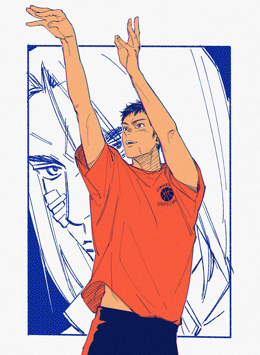 1boy arms_up black_hair black_pants commentary_request cornchi curtained_hair gauze gauze_on_cheek highres korean_commentary looking_to_the_side looking_up male_focus midriff_peek mitsui_hisashi multiple_views open_mouth pants red_shirt shirt short_hair short_sleeves sideways_glance slam_dunk_(series) smile teeth upper_teeth_only