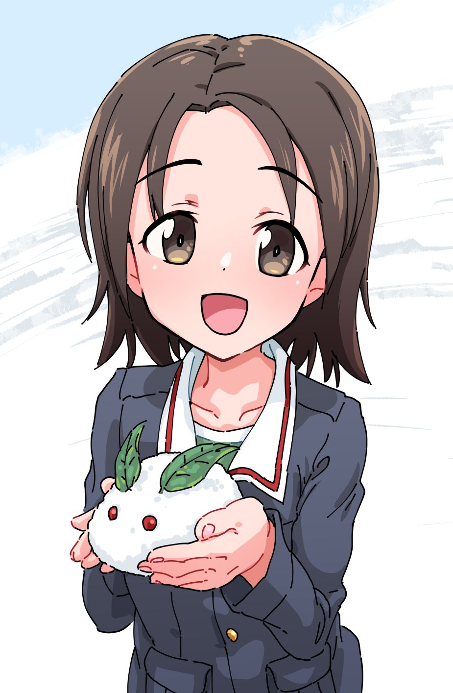 1girl blush brown_eyes brown_hair collarbone girls_und_panzer highres looking_at_viewer military_uniform monolith_(suibou_souko) ooarai_military_uniform open_mouth sawa_azusa short_hair smile snow_rabbit solo