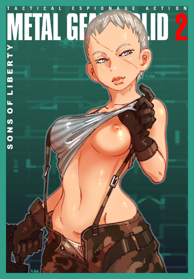 1girl black_gloves breasts brown_gloves camouflage camouflage_pants clothes_lift commentary copyright_name english_commentary gloves grey_eyes grey_hair gun h&amp;k_mark_23 handgun heckler_&amp;_koch holding holding_gun holding_weapon justrube konami lifting_own_clothes lips match_grade match_grade_firearm match_grade_pistol medium_breasts metal_gear_(series) metal_gear_solid_2:_sons_of_liberty midriff military navel nipples no_bra offensive_handgun olga_gurlukovich one_breast_out open_fly panties pants pantyshot pistol scar scar_on_face shirt_lift short_hair solo standing striped suspenders tomboy toned trigger_discipline underwear very_short_hair weapon white_panties