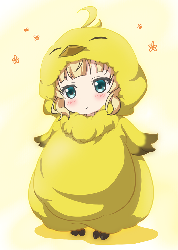 1girl :&gt; aqua_eyes bad_id bad_twitter_id beak bird_costume blonde_hair blunt_bangs blush character_costume closed_mouth commentary cosplay fat_chocobo fat_chocobo_(cosplay) female_focus final_fantasy flower full_body fur_trim gochuumon_wa_usagi_desu_ka? head_tilt kigurumi kirima_syaro looking_at_viewer red_star_(toranecomet) shadow short_hair smile solo standing two-tone_background wavy_hair wings