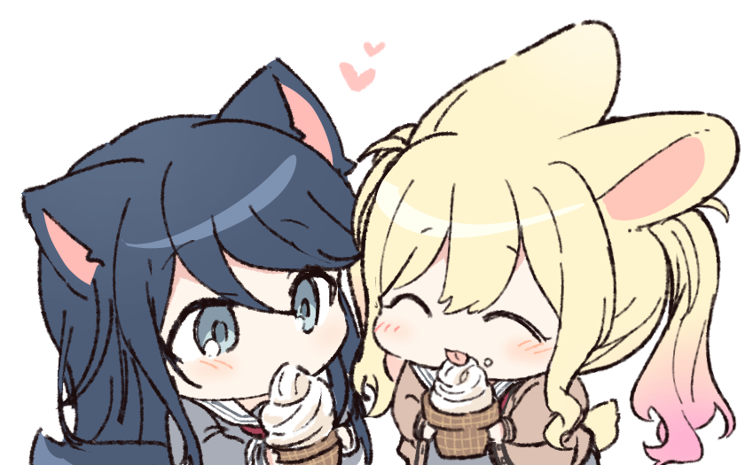 animal_ears black_hair blonde_hair blue_eyes blush brown_cardigan cardigan cat_ears chibi chibi_only closed_eyes eating food gradient_hair grey_serafuku holding holding_ice_cream_cone hoshino_ichika_(project_sekai) ice_cream ice_cream_cone long_hair looking_at_another miyamasuzaka_girls&#039;_academy_school_uniform multicolored_hair neckerchief opi pink_hair project_sekai rabbit_ears red_neckerchief sailor_collar school_uniform serafuku short_eyebrows sidelocks simple_background tenma_saki tongue tongue_out twintails white_sailor_collar