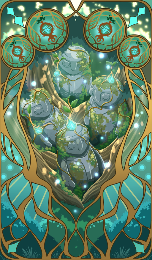 brown_outline circle commentary_request fate/grand_order fate_(series) green_theme light_particles moss no_humans official_art outline plant plant_roots statue still_life third-party_source tree xxxxay