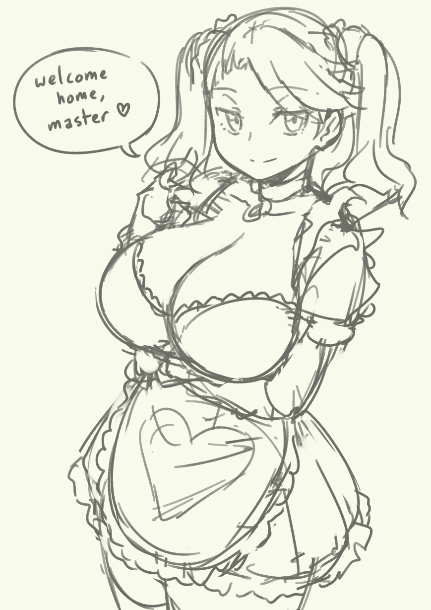 1girl alternate_costume apron arm_under_breasts breasts cleavage closed_mouth commentary_request cowboy_shot english_text enmaided grey_background gundam gundam_build_fighters gundam_build_fighters_try heart heart_print highres large_breasts looking_at_viewer maid medium_hair miniskirt pas_(paxiti) pleated_skirt print_apron puffy_short_sleeves puffy_sleeves sazaki_kaoruko short_sleeves simple_background skirt smile solo speech_bubble split_mouth spoken_heart standing swept_bangs thighhighs twintails waist_apron zettai_ryouiki