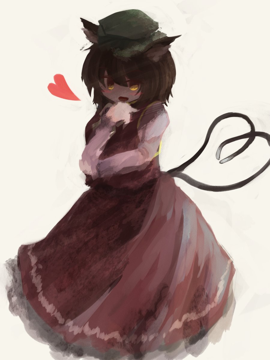 1girl :d animal animal_ear_fluff animal_ears blush brown_eyes brown_hair cat cat_ears chen commentary_request double-parted_bangs frills garakuraku gold_trim hair_between_eyes happy hat heart heart_tail highres holding holding_animal holding_cat juliet_sleeves long_sleeves mob_cap multiple_tails nekomata open_mouth petticoat puffy_sleeves red_skirt red_vest short_hair simple_background skirt skirt_set smile solo tail touhou two_tails vest white_background
