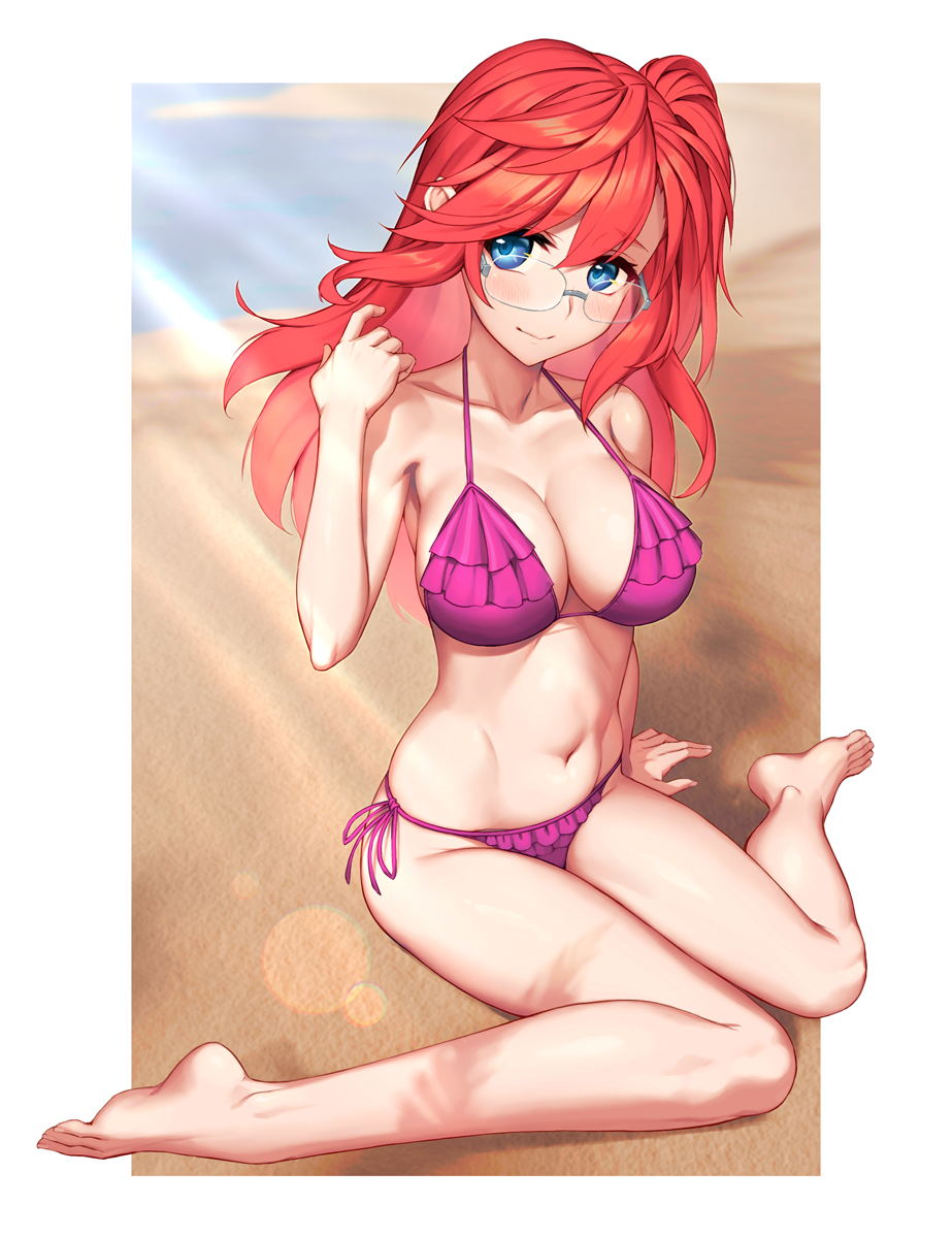 1girl ano_natsu_de_matteru beach bikini blue_eyes closed_mouth glasses highres long_hair outside_border purple_bikini red_hair rotix sand sitting smile solo swimsuit takatsuki_ichika