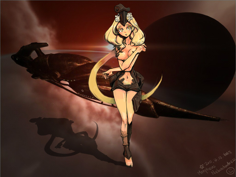 1girl artist_request bare_arms barefoot battleship_(eve_online) blonde_hair breasts brown_background brown_theme cloud commentary crossed_arms dated eve_online full_body game_screenshot_background hand_up jove_(eve_online) long_hair looking_at_viewer mecha_musume medium_breasts military_vehicle navel outdoors parted_lips personification planet science_fiction screenshot_background shadow sidelocks solo space spacecraft stomach thigh_gap third-party_source vehicle_and_personification very_long_hair