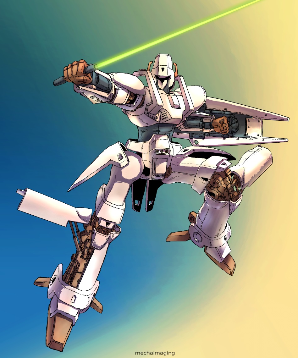 energy_sword clenched_hands floating gradient_background holding holding_sword holding_weapon juusenki_l-gaim l-gaim looking_at_viewer mecha no_humans official_style retro_artstyle robot shield solo sword weapon yamada_yuuji