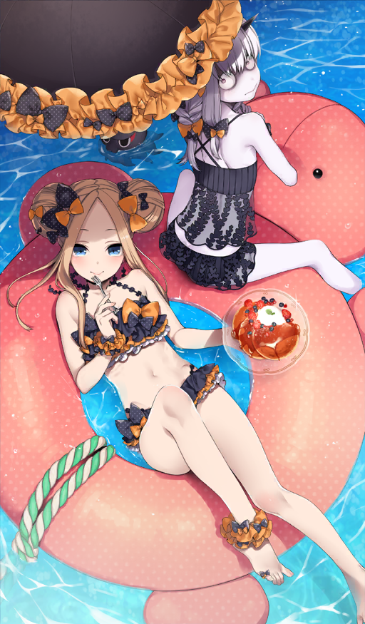 2girls abigail_williams_(emerald_float)_(fate) abigail_williams_(fate) afloat anklet bare_arms bare_legs bare_shoulders bikini bikini_skirt black_bikini black_bow black_horns black_umbrella blonde_hair blue_background blue_eyes blueberry bow bow_bikini bracelet braid breasts closed_mouth commentary creature dimples_of_venus double_bun fate/grand_order fate_(series) food foot_out_of_frame fork frilled_anklet frilled_bracelet frilled_umbrella frills from_above fruit garnish hair_between_eyes hair_bow hair_bun halterneck holding holding_plate holding_umbrella holding_utensil horns inflatable_toy jewelry knee_up lavinia_whateley_(emerald_float)_(fate) lavinia_whateley_(fate) looking_at_viewer low-tied_sidelocks lying midriff multicolored_bikini multiple_girls multiple_hair_bows navel official_art on_back orange_bikini orange_bow orange_eyes pale_skin pancake plate raspberry ruffle_bikini sidelocks sitting small_breasts smile sumeragi_kohaku sunlight swimsuit syrup tankini third-party_source toe_ring toes tokitarou_(fate) umbrella water whipped_cream white_bikini white_hair