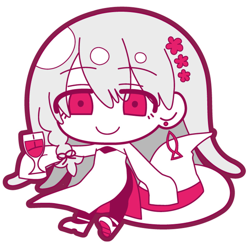 1girl chibi chibi_only cup dress earrings fish_earrings flower grey_hair hair_flower hair_ornament harushi_mube hat holding holding_cup ix_(lower) jewelry looking_at_viewer lower_(vocaloid) official_art red_eyes side_slit single_earring sleeves_past_fingers sleeves_past_wrists smile solo unworn_hat unworn_headwear white_dress white_hair witch_hat