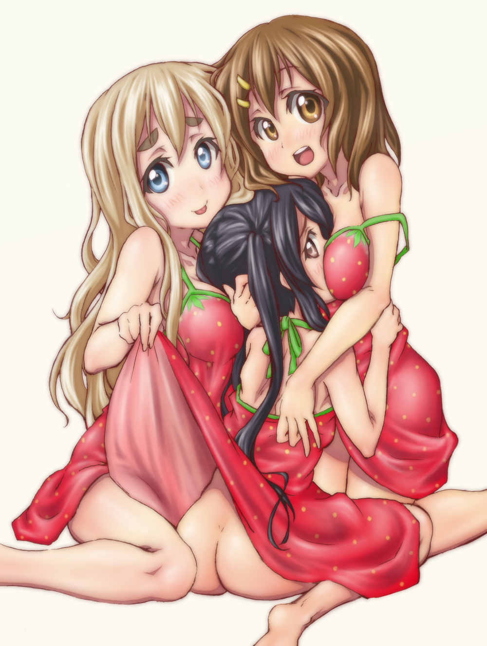 00s 3girls :p ass assisted_exposure bad_id bad_pixiv_id between_breasts black_hair blonde_hair blue_eyes blush breast_smother breasts brown_eyes brown_hair clothes_lift cooperative_breast_smother dress dress_lift face_to_breasts female_focus food fruit girl_sandwich hair_ornament hairclip head_between_breasts highres hirasawa_yui hizumi_(hum) hug k-on! kotobuki_tsumugi long_hair multiple_girls nakano_azusa no_panties sandwiched sitting strap_slip strawberry sundress teamwork_(sexual) tongue tongue_out twintails wariza yuri