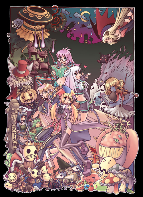 2000s_(style) 3boys 6+girls :3 alice_(ragnarok_online) angeling antlers apple axe bad_id bathory black_border black_capelet black_gloves black_jacket black_panties black_pants black_shorts black_skirt blonde_hair blue_dress blue_hair blue_hat book border bottle bow bow_(music) bowtie box breasts brown-framed_eyewear bug capelet chain choco_(ragnarok_online) closed_mouth colored_skin commentary_request copyright_notice creature crescent_moon cropped_jacket curly_hair dated_commentary demon demon_girl demon_wings deviruchi dress drops_(ragnarok_online) egg eggyra elbow_gloves expressionless fingerless_gloves food fruit full_body garter_straps gears ghost ghostring gibbet gift gift_box glasses gloves goblin_(ragnarok_online) goblin_leader goblin_mask goggles greatest_general_(ragnarok_online) grey_skin grin hat holding holding_axe holding_book holding_bow_(music) holding_instrument holding_polearm holding_shield holding_staff holding_sword holding_violin holding_weapon horns horse hunter_(ragnarok_online) instrument jack-o&#039;-lantern_head jacket jakk_(ragnarok_online) jester_cap juliet_sleeves kobold_(ragnarok_online) korean_commentary living_armor long_hair long_sleeves looking_at_another looking_at_viewer looking_to_the_side maid maid_headdress masked mastering medium_breasts midriff miniskirt monster monster_gogo moon multicolored_hat multiple_boys multiple_girls mushroom myst_case navel nightmare_(ragnarok_online) official_art open_mouth outside_border owl_duke panties pants phreeoni poison_spore polearm pom_pom_(clothes) poporing potion priest_(ragnarok_online) puffy_sleeves pumpkin_head purple_dress purple_footwear purple_hair purple_thighhighs ragnarok_online raydric raydric_archer red_bow red_bowtie red_hat red_shirt red_wings rideword_(ragnarok_online) sage_(ragnarok_online) shield shirt shoes short_hair short_shorts short_sleeves shorts shorts_under_skirt side_slit skirt sleeper_(ragnarok_online) slime_(creature) smile smoke spear spore_(ragnarok_online) staff succubus_(ragnarok_online) sword thighhighs time_keeper_(ragnarok_online) totem underwear violin vitata weapon whisper_(ragnarok_online) white_dress white_hair white_jacket wings wizard_(ragnarok_online) yellow_hat yoyo_(ragnarok_online)