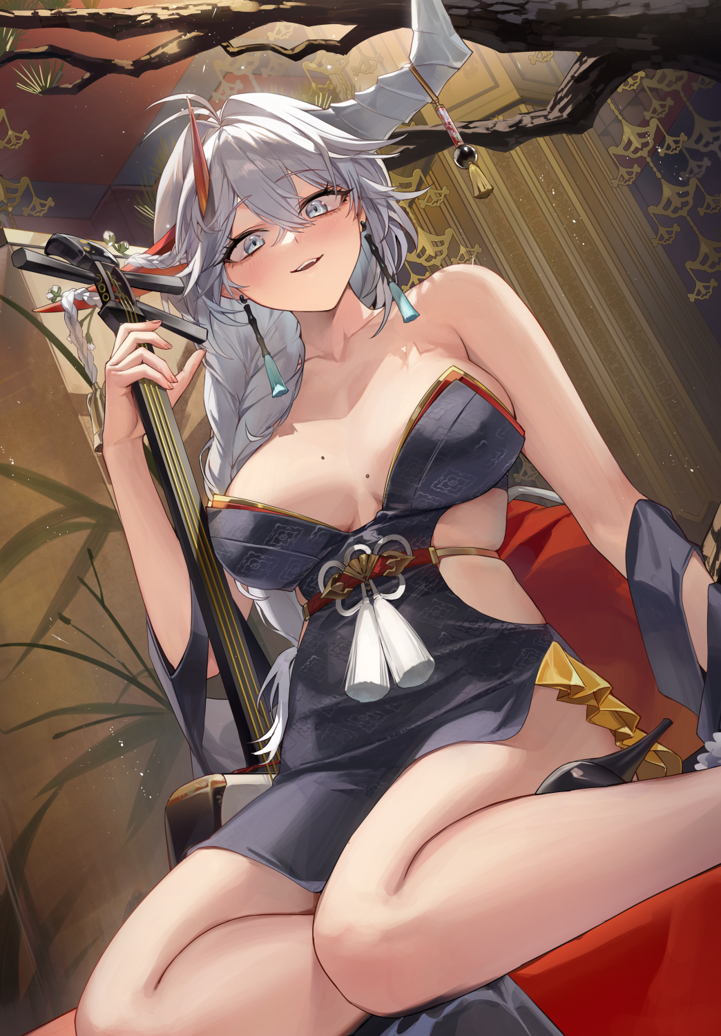 1girl asymmetrical_horns azur_lane bare_shoulders black_shoes breasts foot_out_of_frame hair_on_horn hakuryuu_(azur_lane) hakuryuu_(flash_of_silk_and_strings)_(azur_lane) high_heels highres holding holding_instrument horns indoors instrument japanese_clothes kimono large_breasts long_hair mole mole_on_breast official_alternate_costume purple_kimono red_horns sabotensuteeki shamisen shoes sitting solo white_eyes white_hair white_horns