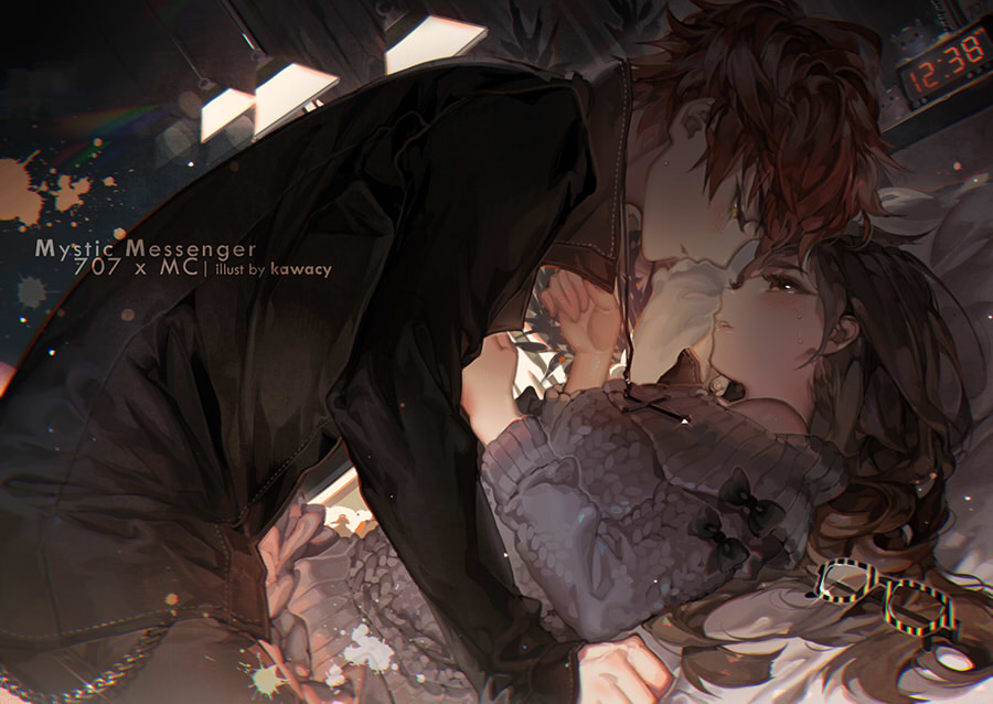 1boy 1girl 707_(susanghan_messenger) alarm_clock artist_name blush bow brown_hair clock commentary_request copyright_name cross cross_necklace glasses half-closed_eyes hetero imminent_kiss jewelry juliet_sleeves kawacy long_hair long_sleeves lying necklace on_back orange_hair protagonist_(susanghan_messenger) puffy_sleeves susanghan_messenger sweat unworn_eyewear