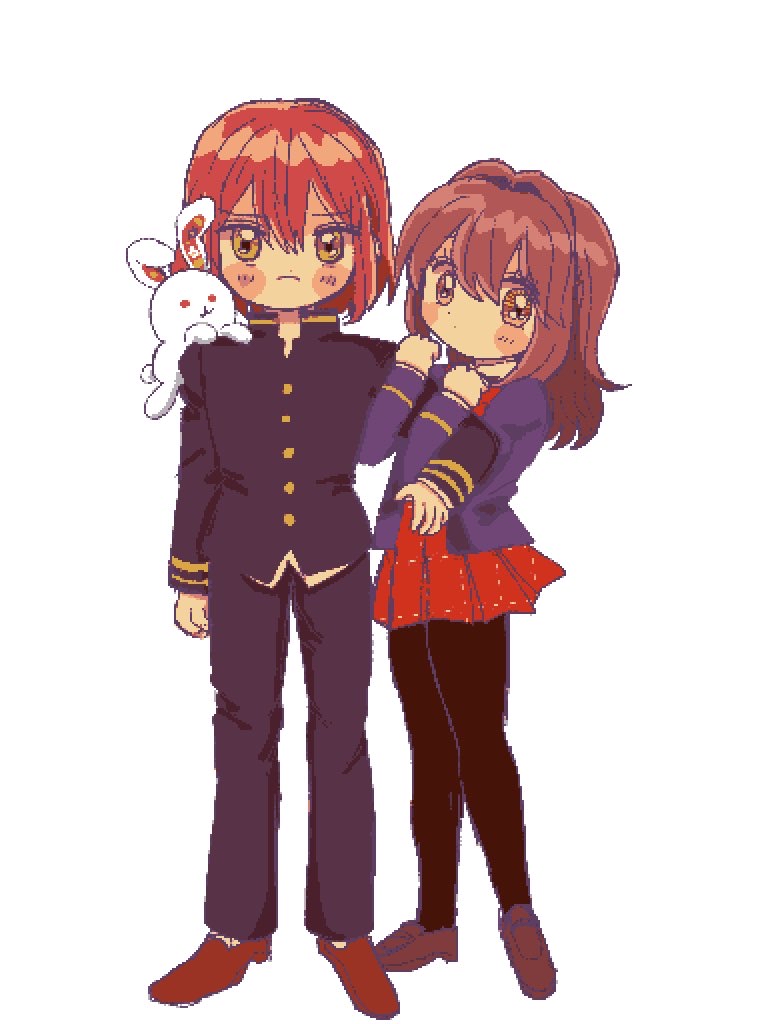 1boy 1girl :o ayazuki_mei black_jacket black_pants black_pantyhose black_sleeves blazer blue_jacket blue_sleeves blush_stickers bow bowtie brown_eyes brown_footwear brown_hair buttons clenched_hands closed_mouth collared_jacket collared_shirt commentary_request eyelashes frown full_body furrowed_brow gakuran hair_between_eyes high_collar holding_another&#039;s_arm izumi_kyouka_(meiji_tokyo_renka) jacket layered_sleeves long_hair long_sleeves looking_at_viewer meiji_tokyo_renka miniskirt open_clothes open_jacket pants pantyhose parted_lips pleated_skirt rabbit_on_shoulder red_bow red_bowtie red_footwear red_hair red_skirt school_uniform shirt shoes short_hair simple_background skirt socks straight-on sugi_haeru uwabaki white_background white_shirt white_socks yellow_eyes