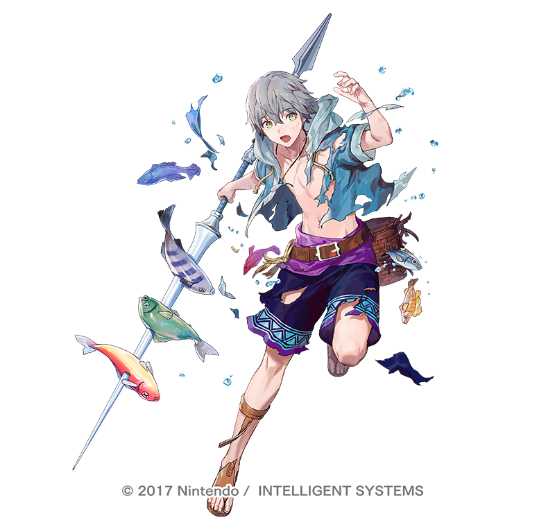 1boy ashe_ubert ashe_ubert_(summer) azu-taro basket belt blue_jacket copyright_notice fire_emblem fire_emblem:_three_houses fire_emblem_heroes fish full_body green_eyes grey_background grey_hair holding holding_polearm holding_weapon hood hooded_jacket jacket jewelry male_focus male_swimwear necklace nintendo official_alternate_costume official_art open_clothes open_jacket open_mouth polearm sandals shell shell_necklace short_hair short_sleeves simple_background solo swim_trunks torn_clothes weapon