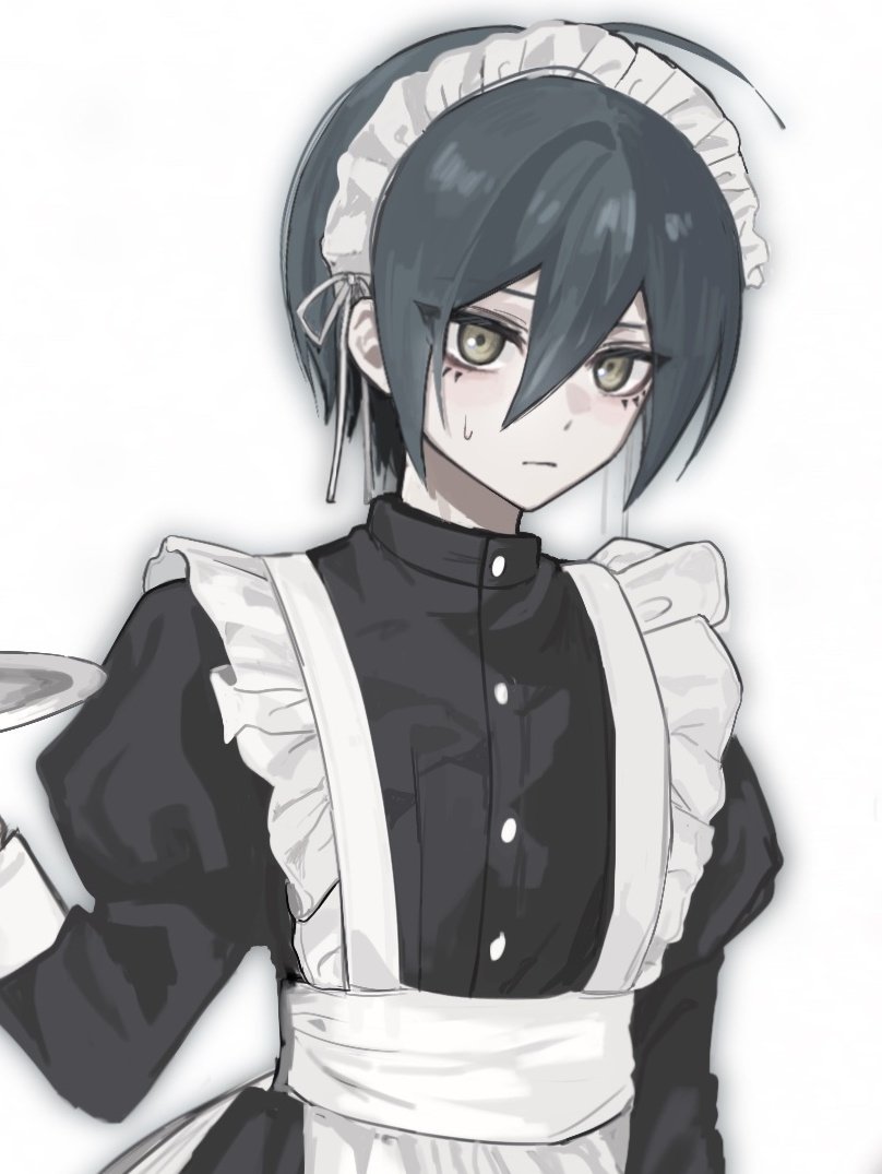 1boy ahoge alternate_costume apron bishounen black_dress black_hair blush buttons closed_mouth commentary_request crossdressing danganronpa_(series) danganronpa_v3:_killing_harmony dress enmaided frilled_apron frills hair_between_eyes juliet_sleeves korean_commentary long_sleeves looking_at_viewer lower_eyelashes_only maid maid_apron maid_headdress male_focus male_maid nuns197 puffy_sleeves saihara_shuichi short_hair solo upper_body white_background yellow_eyes